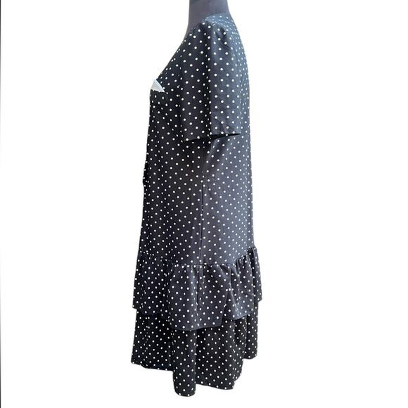 Vtg 90s Black Polka Dot Drop Waist Ruffled Hem Feminine Princess Diana Dress M - Picture 3 of 5